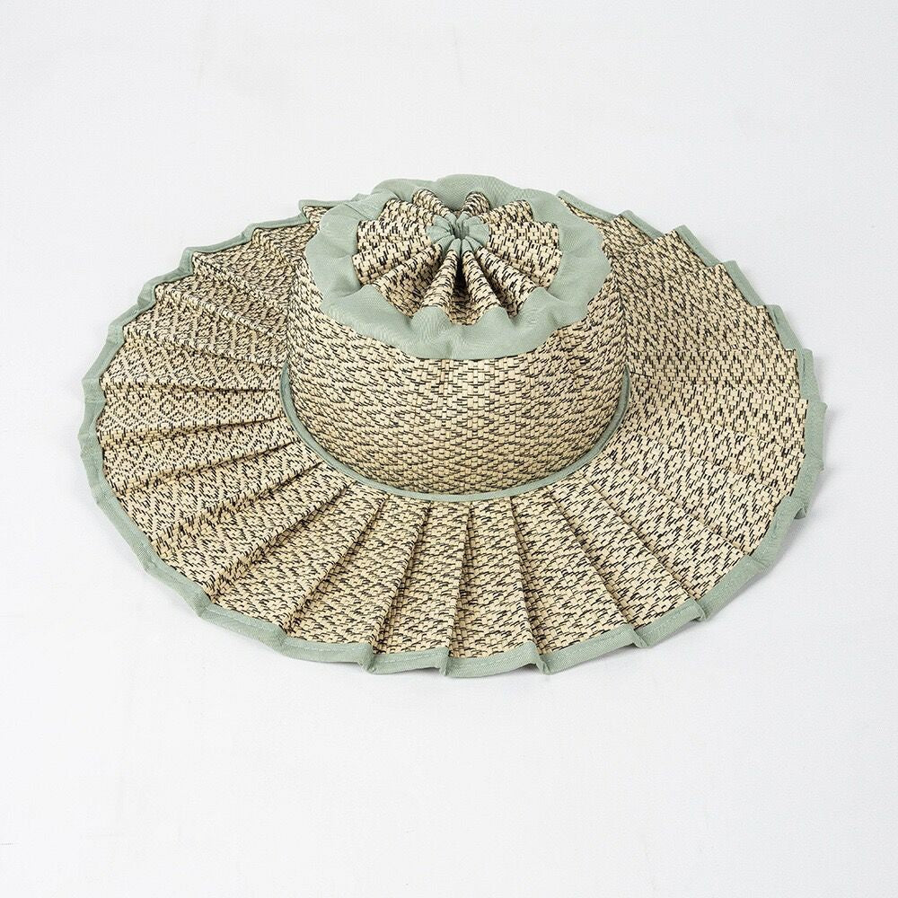 Handmade Foldable Straw Sun Hat for Women – UPF 50+ Wide Brim Pleated Beach Hat with Ponytail Opening & Packable Roll-Up Design