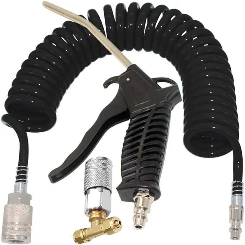 💨 High Flow Air Blow Gun Kit with 16FT Coiled PU Hose & Brass T-Fitting