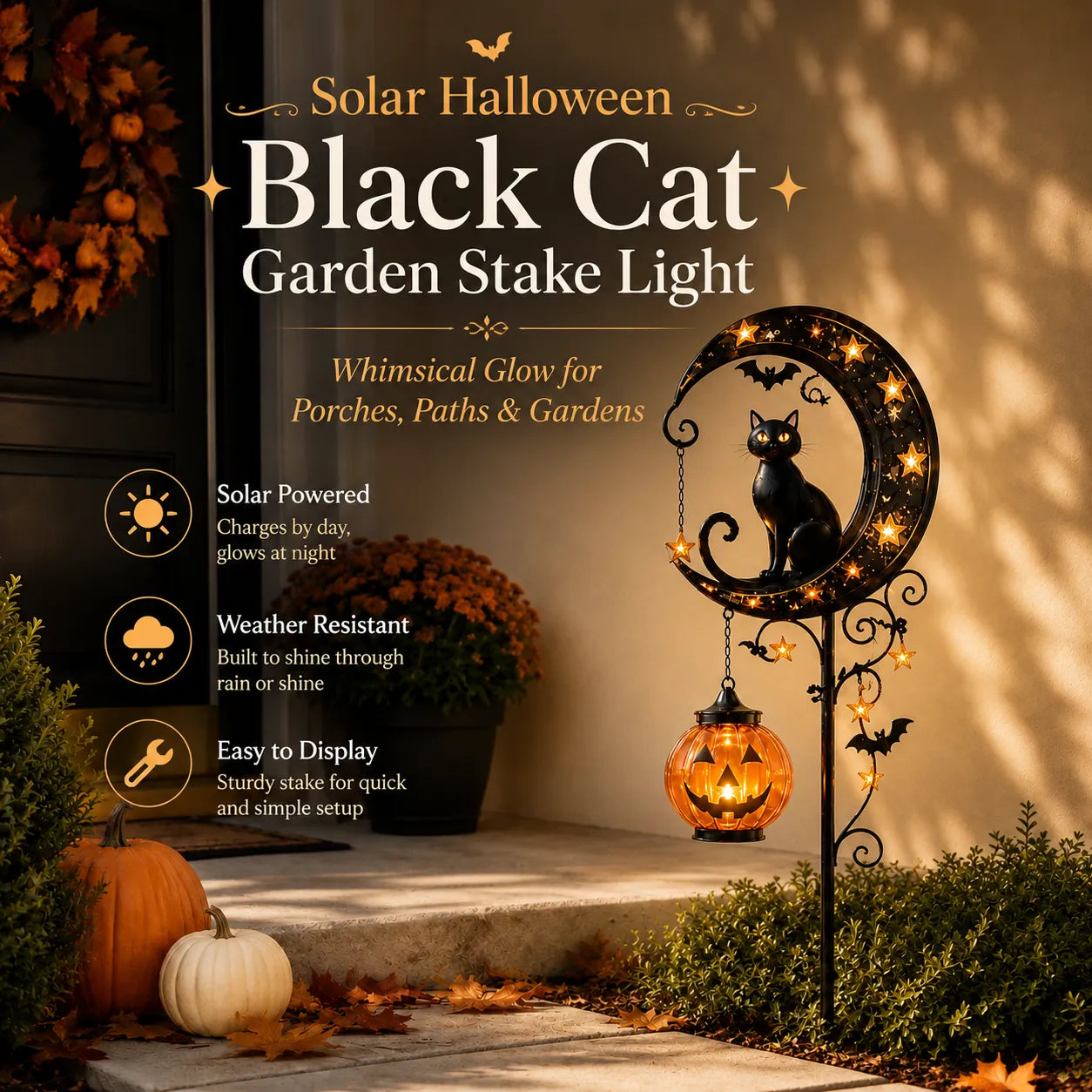 🌙 Solar-Powered Black Cat Garden Stake Light – Create a Magical Halloween Glow in Your Yard