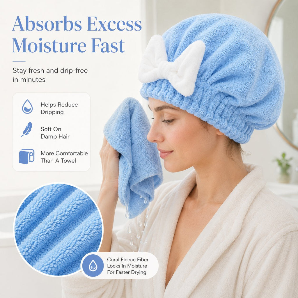 Soft Coral Fleece Hair Drying Cap With Cute Bow🎀