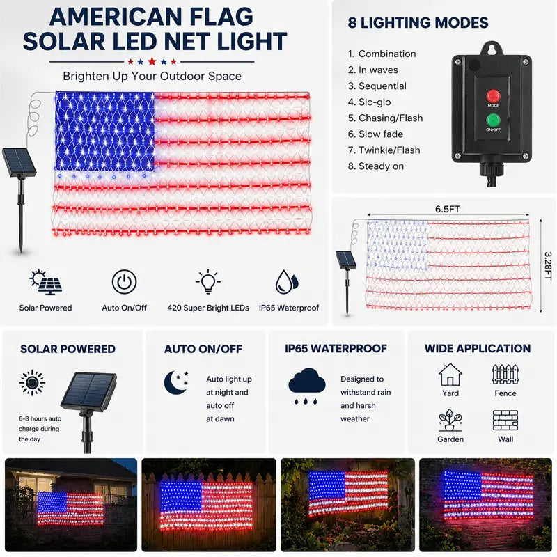 🇺🇸🎆Solar American Flag Lights Outdoor American Flag Net Lights 6.5ft x 3.28ft Super Bright