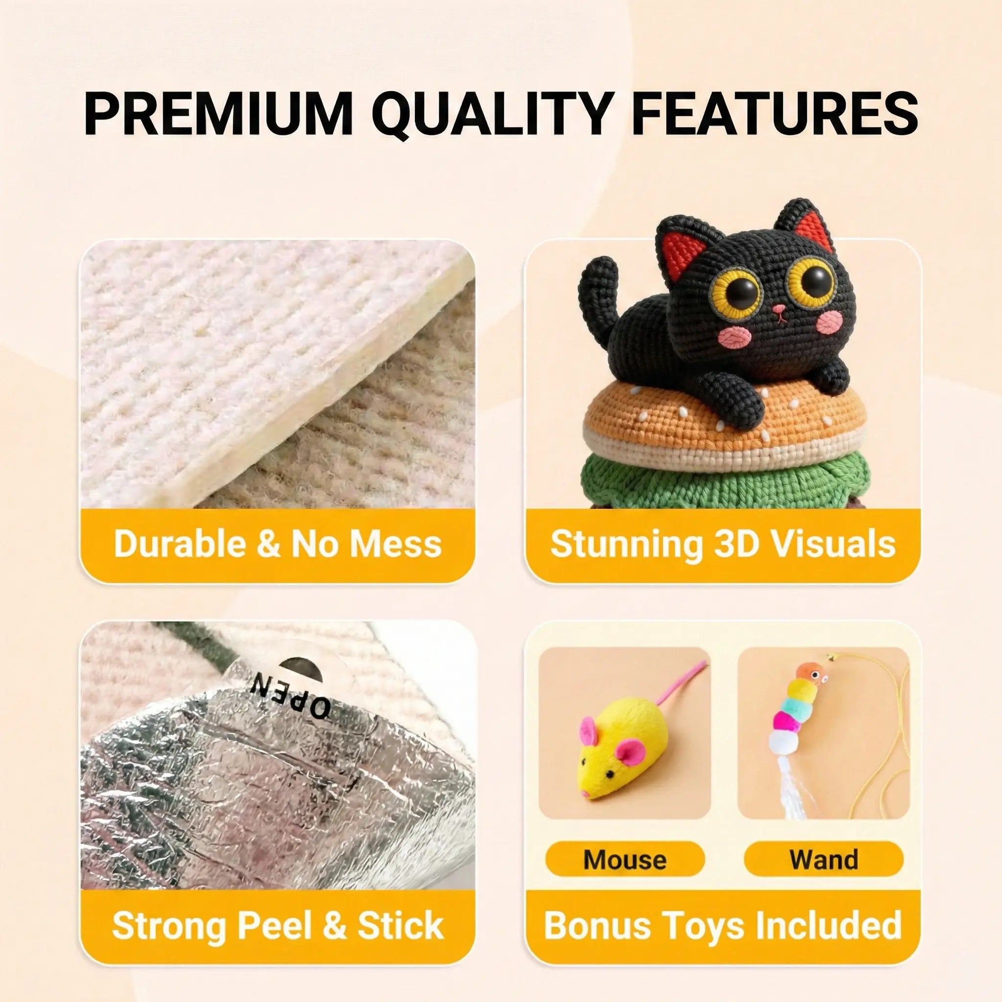 SmartWell Cat Scratcher Mat Self Adhesive Wall Protector 5D Visual Woven Art Anti Scratch Furniture Guard With Free Cat Toy Durable Felt Pad For Indoor Cats Couch Door Sofa Protection