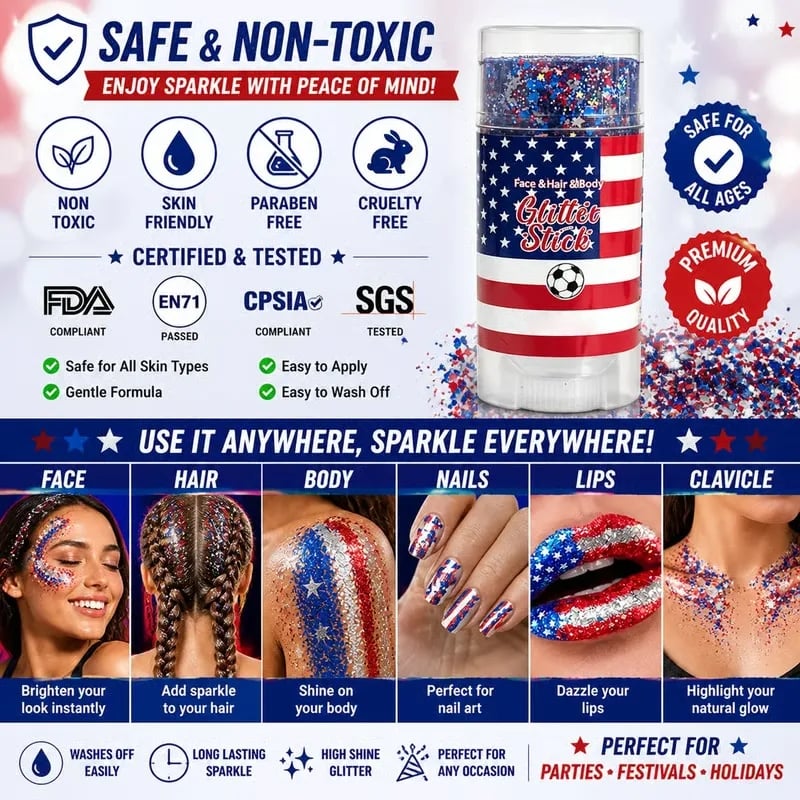 Last Day Promotion!🎁🦅4th of July Glitter Stick✨🔔 Red, White & Blue Body & Hair Sparkle