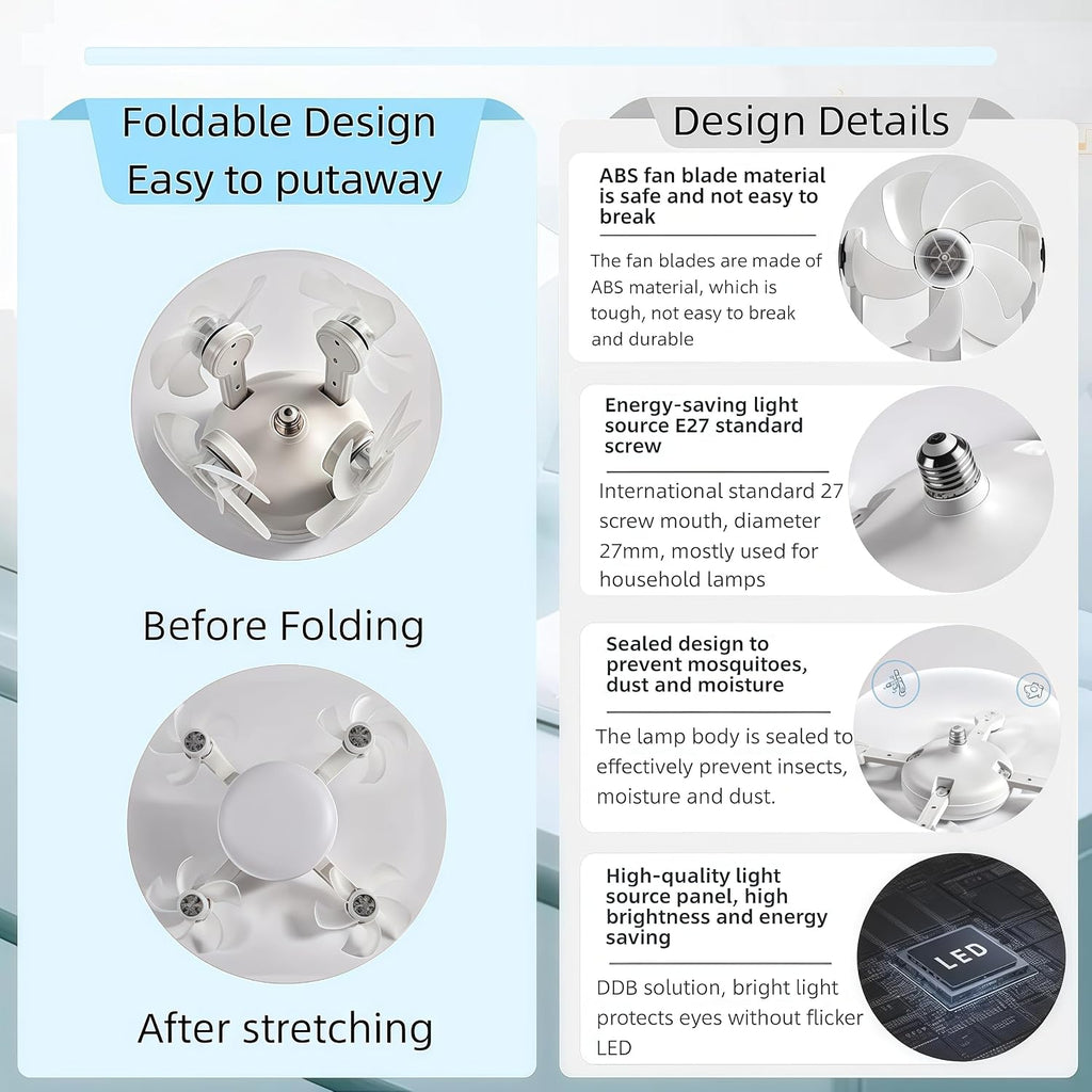 2026 New E27 Socket Ceiling Fan Light - 2-in-1 Silent LED Fan with Remote Control