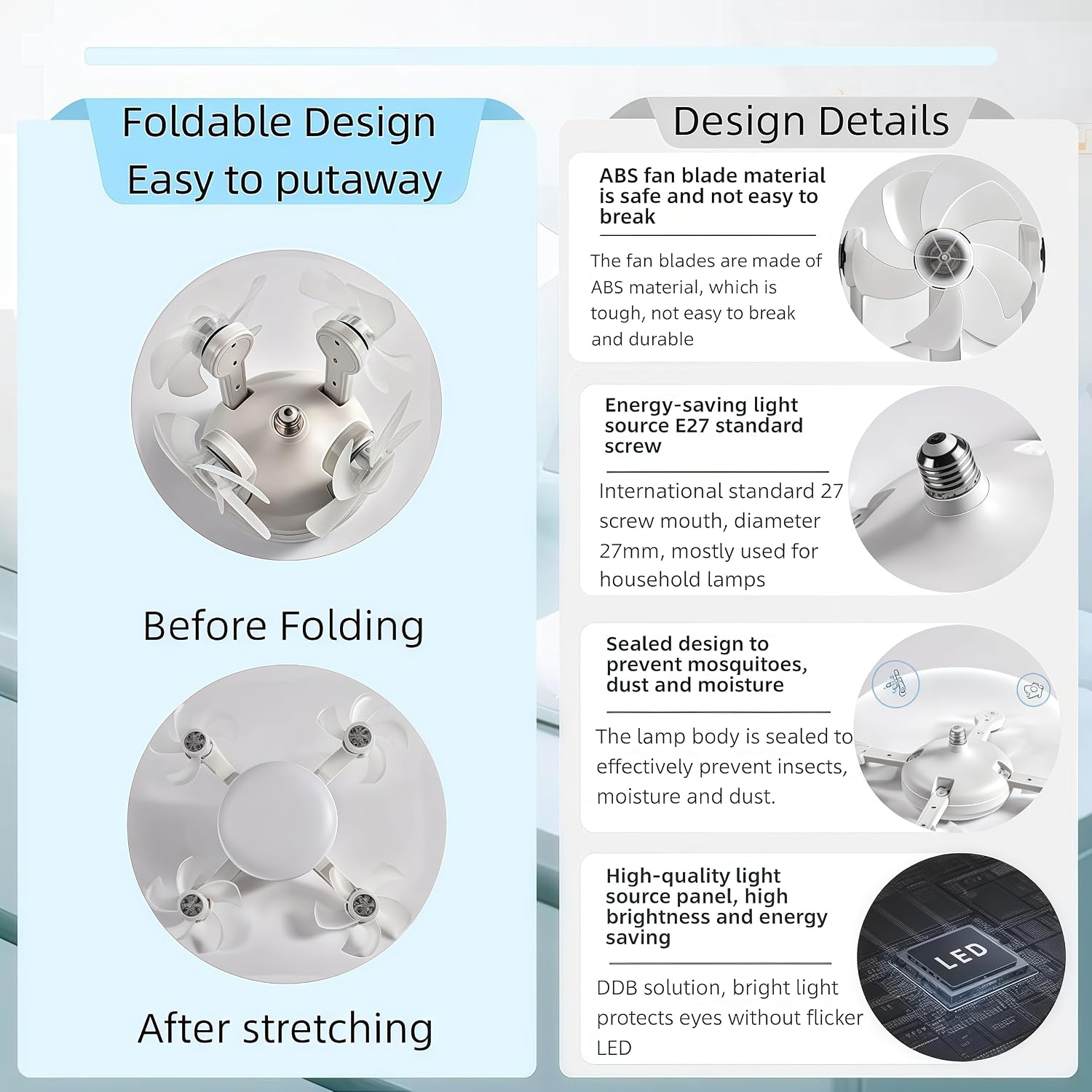 2026 New E27 Socket Ceiling Fan Light - 2-in-1 Silent LED Fan with Remote Control
