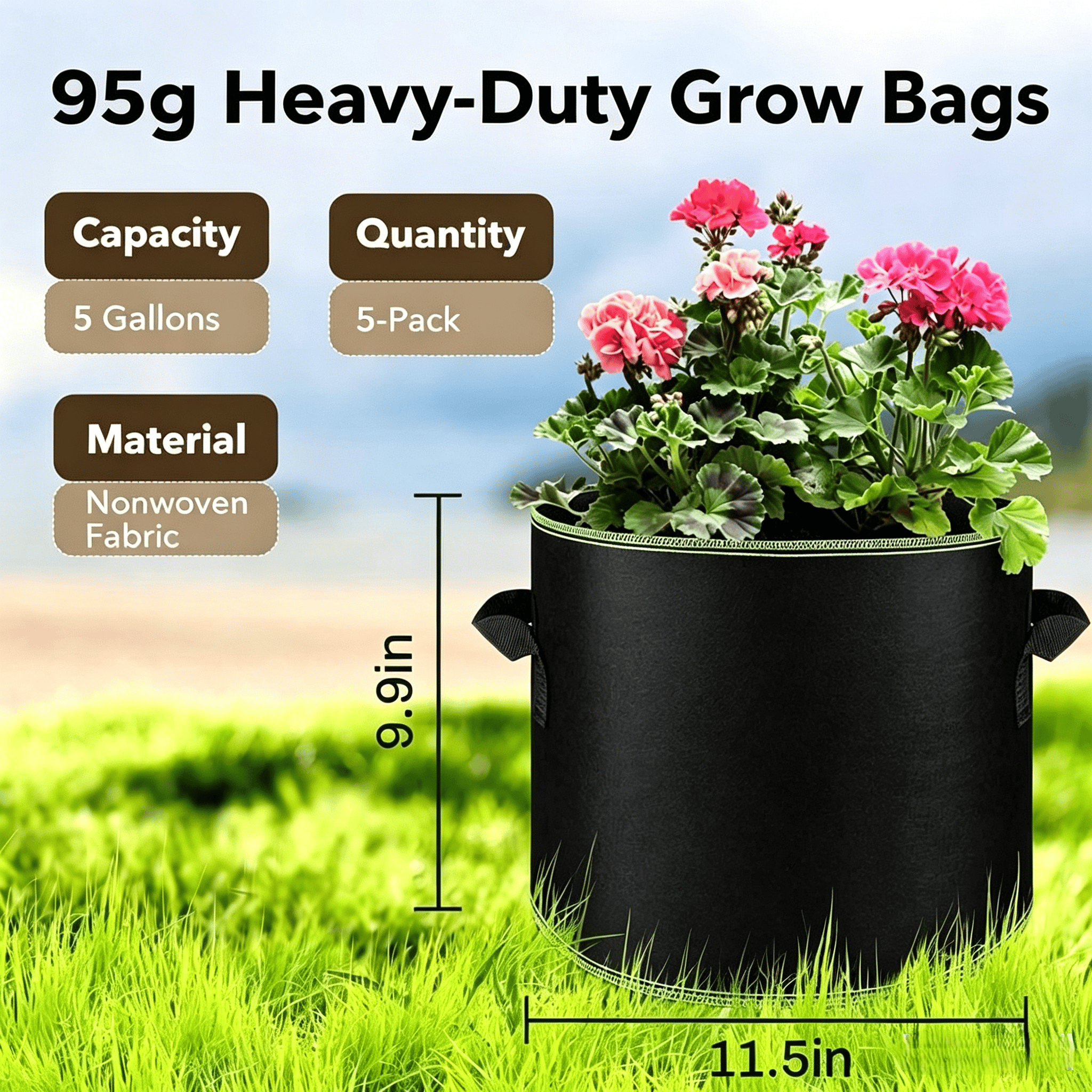 🌱5-Pack 5 Gallon Grow Bags – Heavy Duty Aeration Fabric Pots with Handles for Vegetables, Flowers & Fruits 🪴