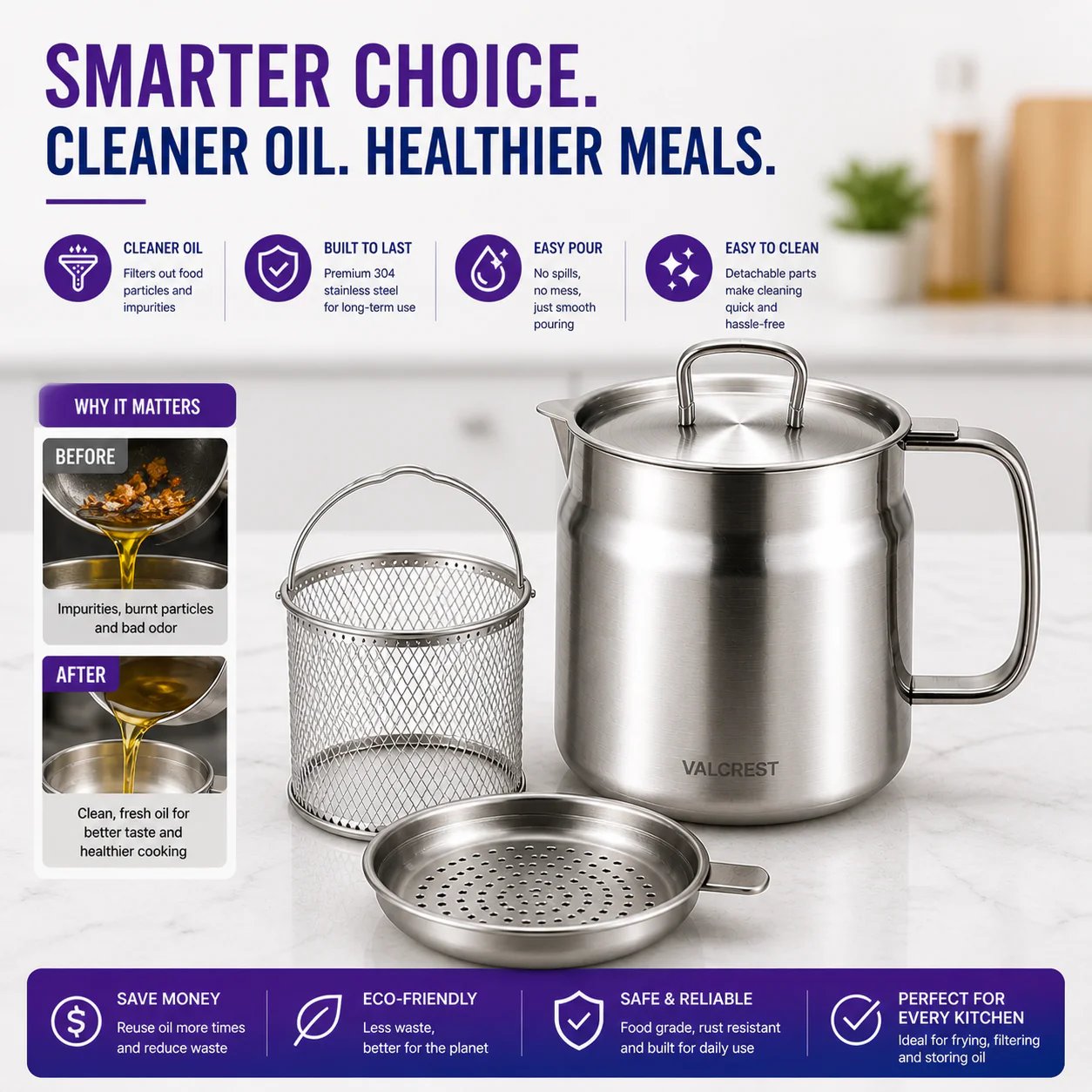 304 Stainless Steel Oil Filter Pot with Fine Mesh Filter & Frying Basket – 1.5L