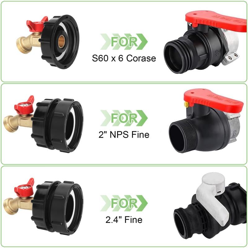 🛠️💧275-330 Gallon IBC Tote Tank Adapter - 2.44" Fine Thread, 1/2" NPT × 3/4" GHT Male Fittings with Garden Hose Quick Connector