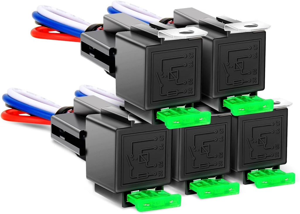 ⚡5 Pack 12V 30A 4 Pin Interlocking Automotive Fused Relay Switch Kit with Pre-Wired Harness