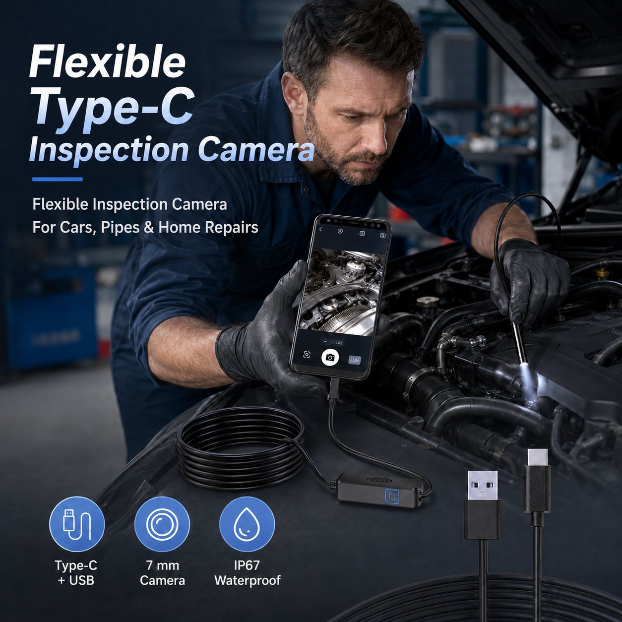 Flexible Type-C Inspection Camera With LED Light