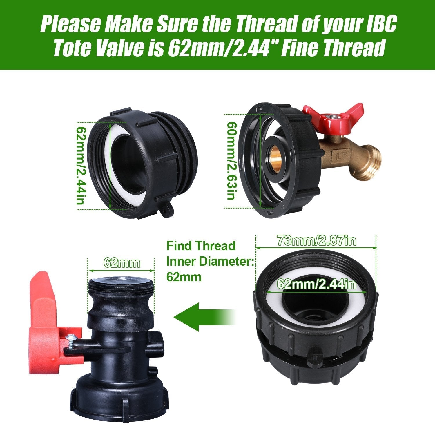 🛠️💧275-330 Gallon IBC Tote Tank Adapter - 2.44" Fine Thread, 1/2" NPT × 3/4" GHT Male Fittings with Garden Hose Quick Connector