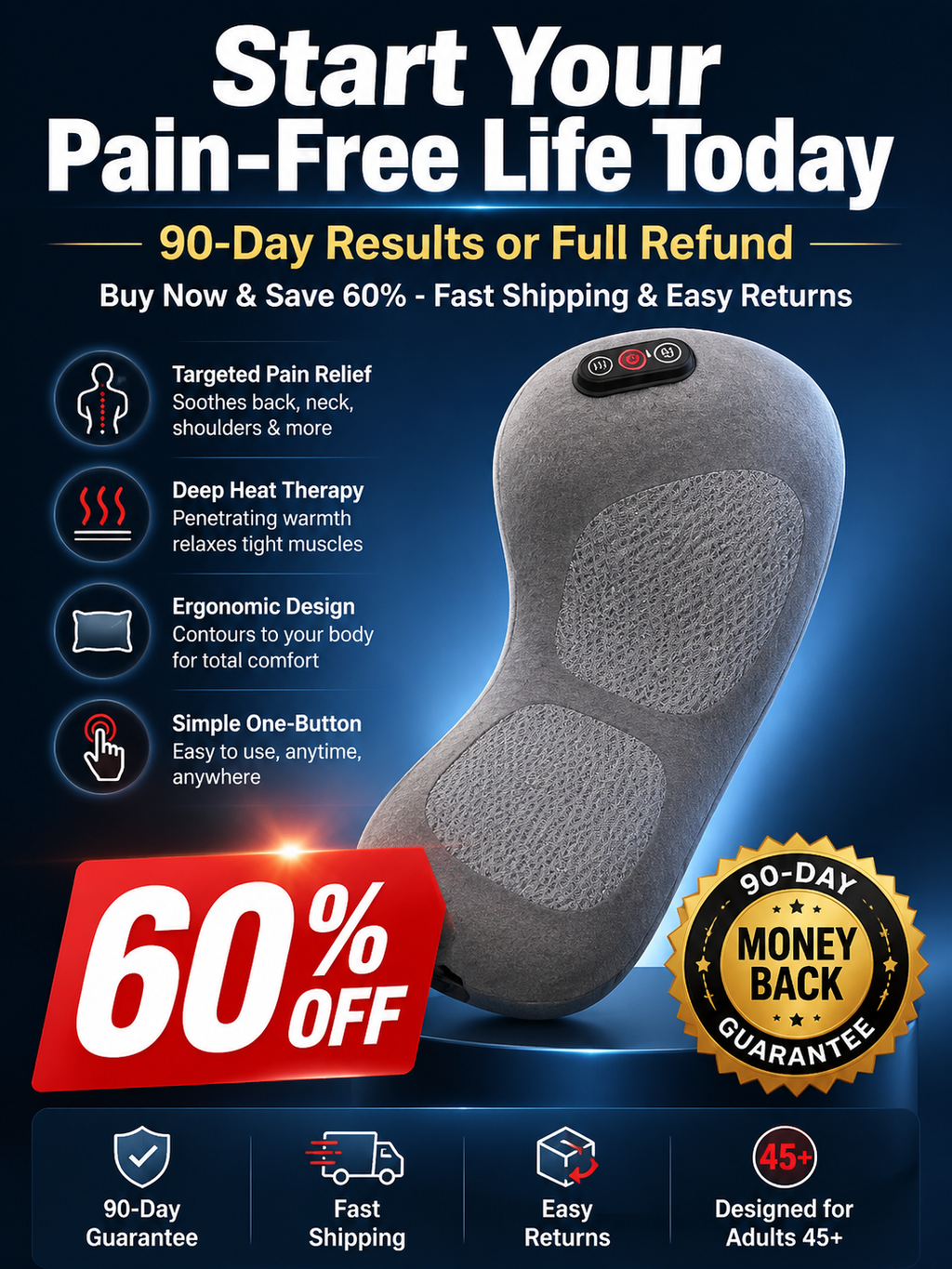 🔥Hot sale🔥60% OFF! Relieve pain with this ergonomically designed electric lumbar massage pillow - 3D kneading, heated support, suitable for office, car, and home use.