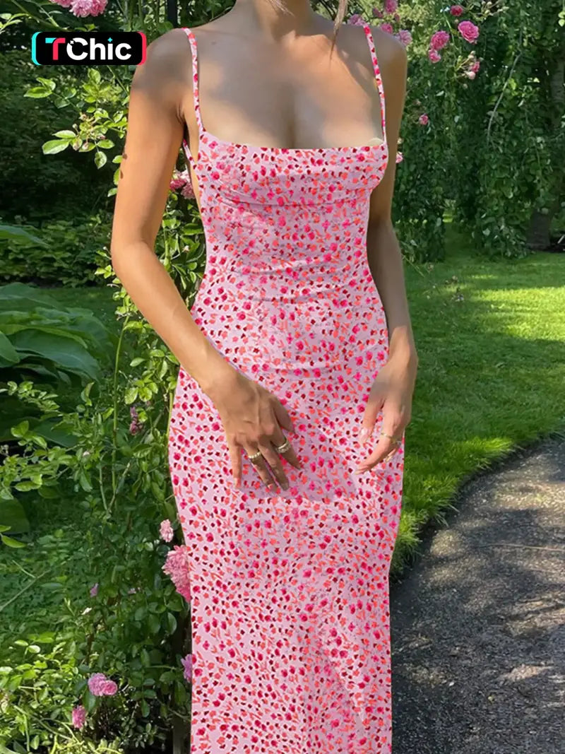 Women's Ditsy Floral Print Backless Sleeveless Cami Spaghetti Strap Dress-Casual Boho Chic