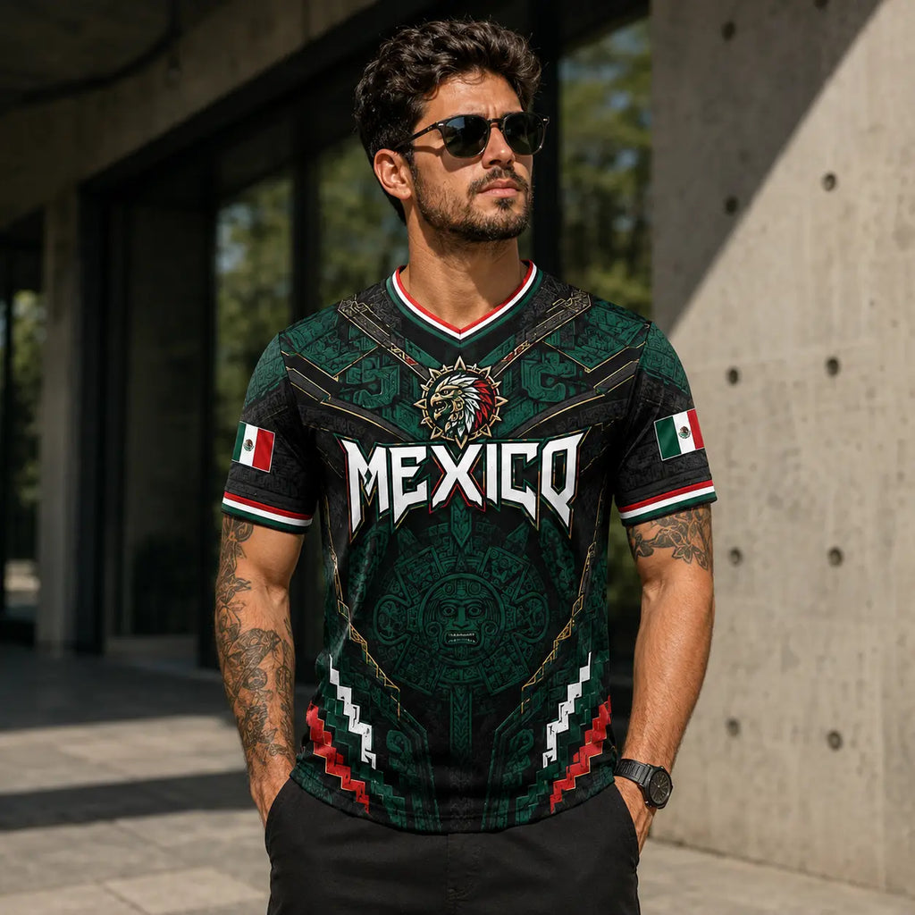 2026 New Mexico Eagle Warrior V-Neck Sports Jersey, Aztec Calendar Graphic Short Sleeve Shirt for Men, Green Black Soccer Fan Tee,summerwins