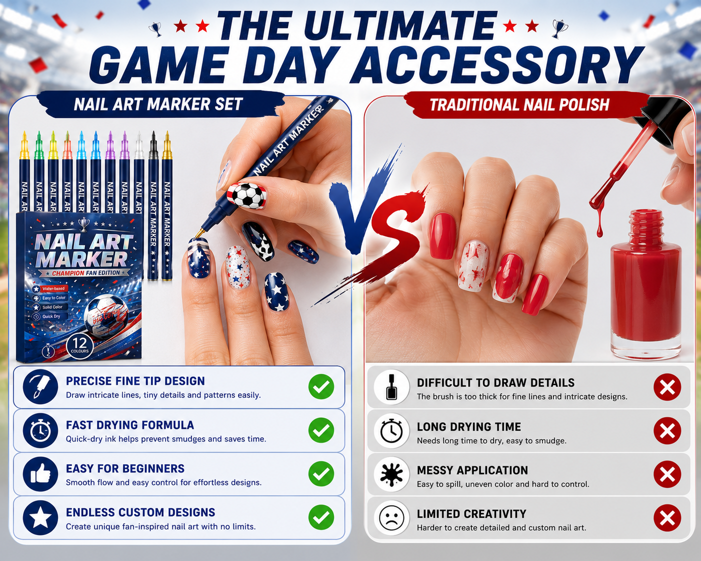 ⚽🏆 Game Day Nail Art Marker Set – 12 Vibrant Colors for Eye-Catching Fan Nails ✨