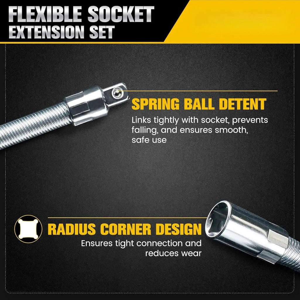 Flexible Socket Extension Bar Set – Bendable Ratchet Wrench Extensions for Tight Spaces, Carbon steel Automotive Repair Tool Kit