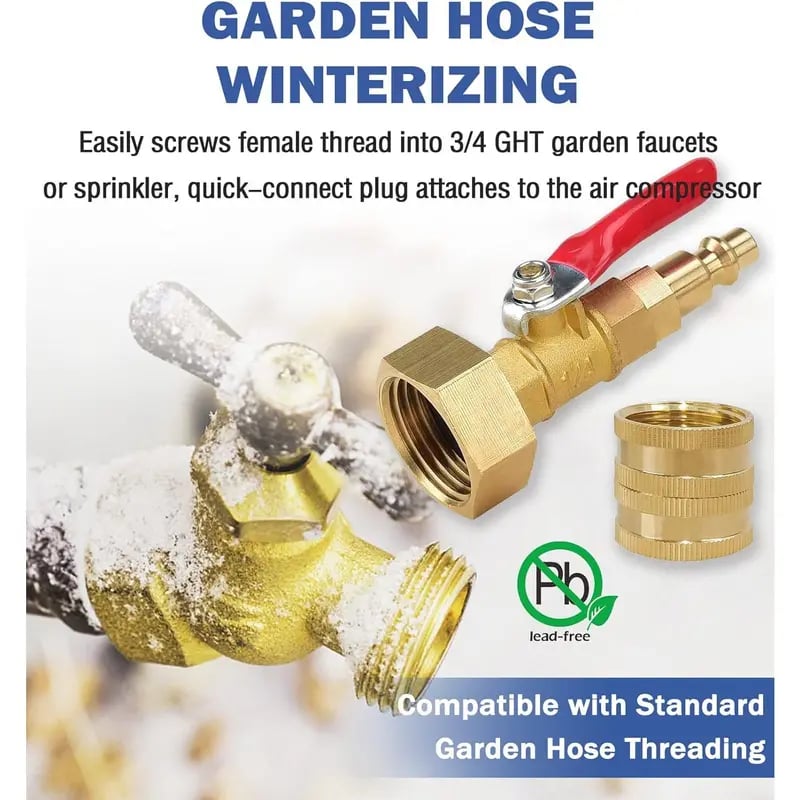 ❄️ Lead-Free Brass RV Winterizing Blowout Adapter Kit with Shut Off Ball Valve