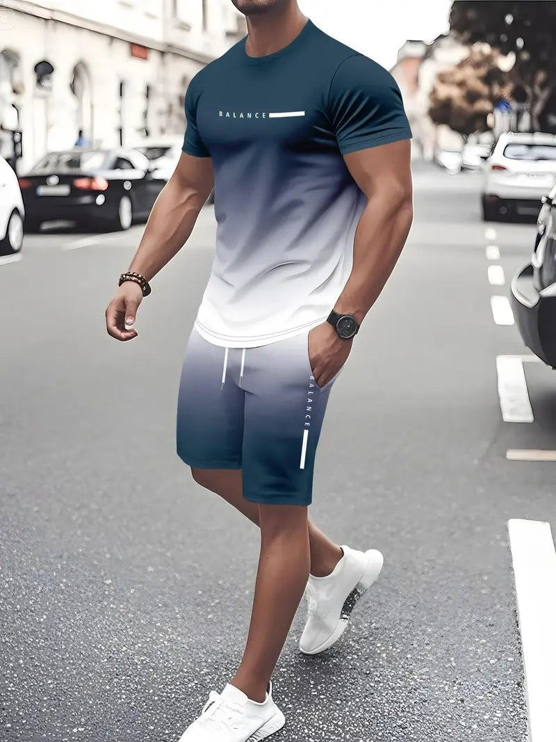 💯 Men’s Gradient Short Sleeve Tracksuit 2-Piece Set💥