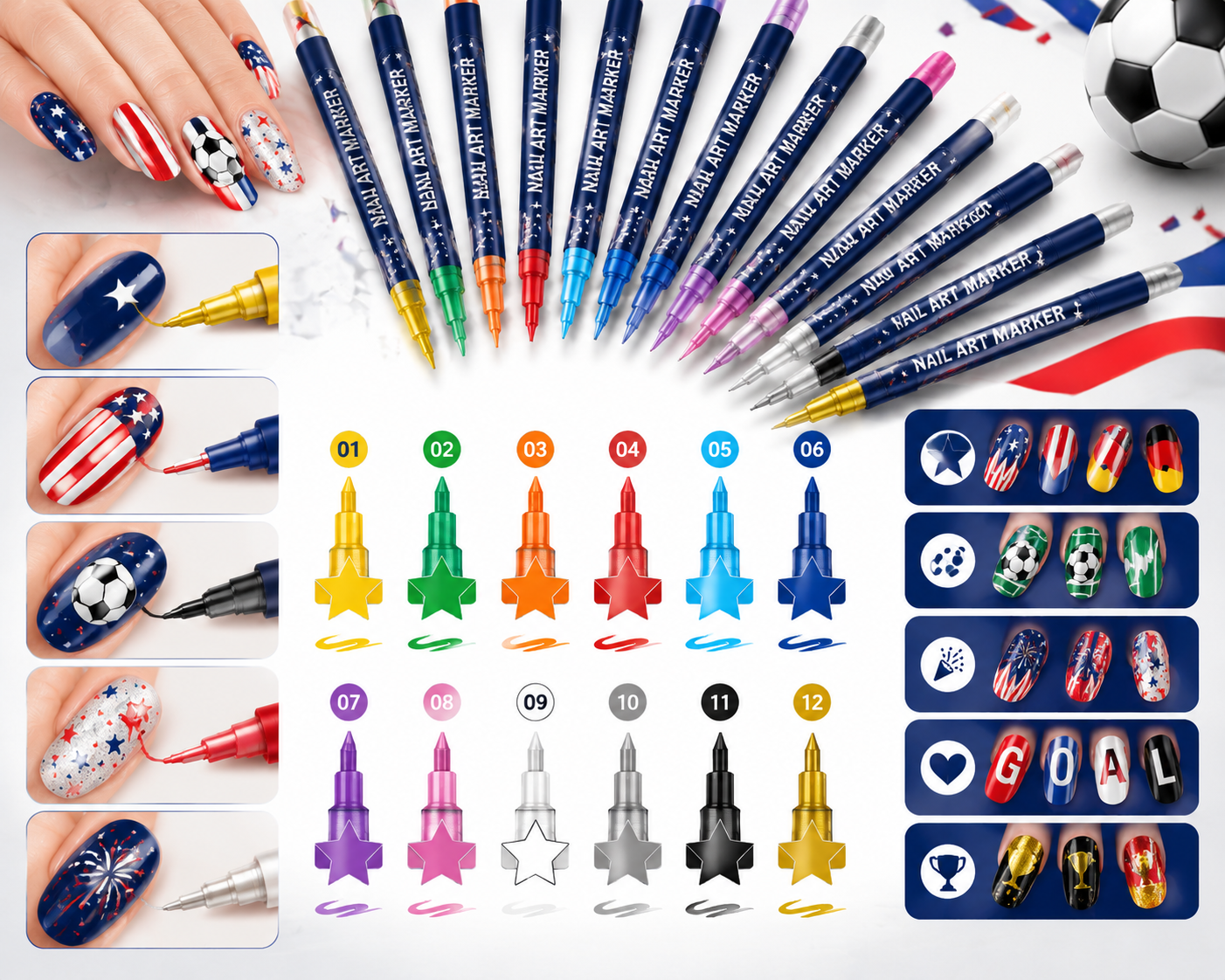 ⚽🏆 Game Day Nail Art Marker Set – 12 Vibrant Colors for Eye-Catching Fan Nails ✨