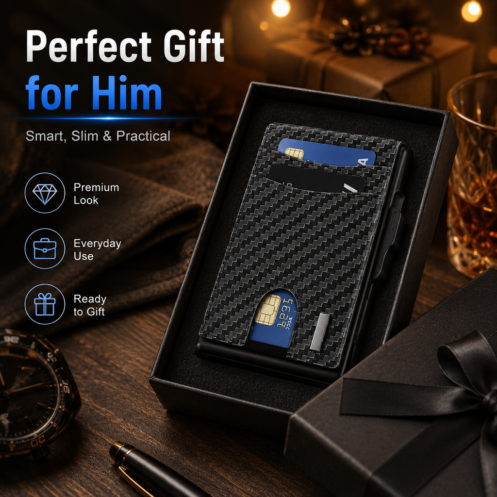 💼🔒Premium Aluminum RFID Blocking Minimalist Wallet for Men - Pop-Up Card Access, ID Window