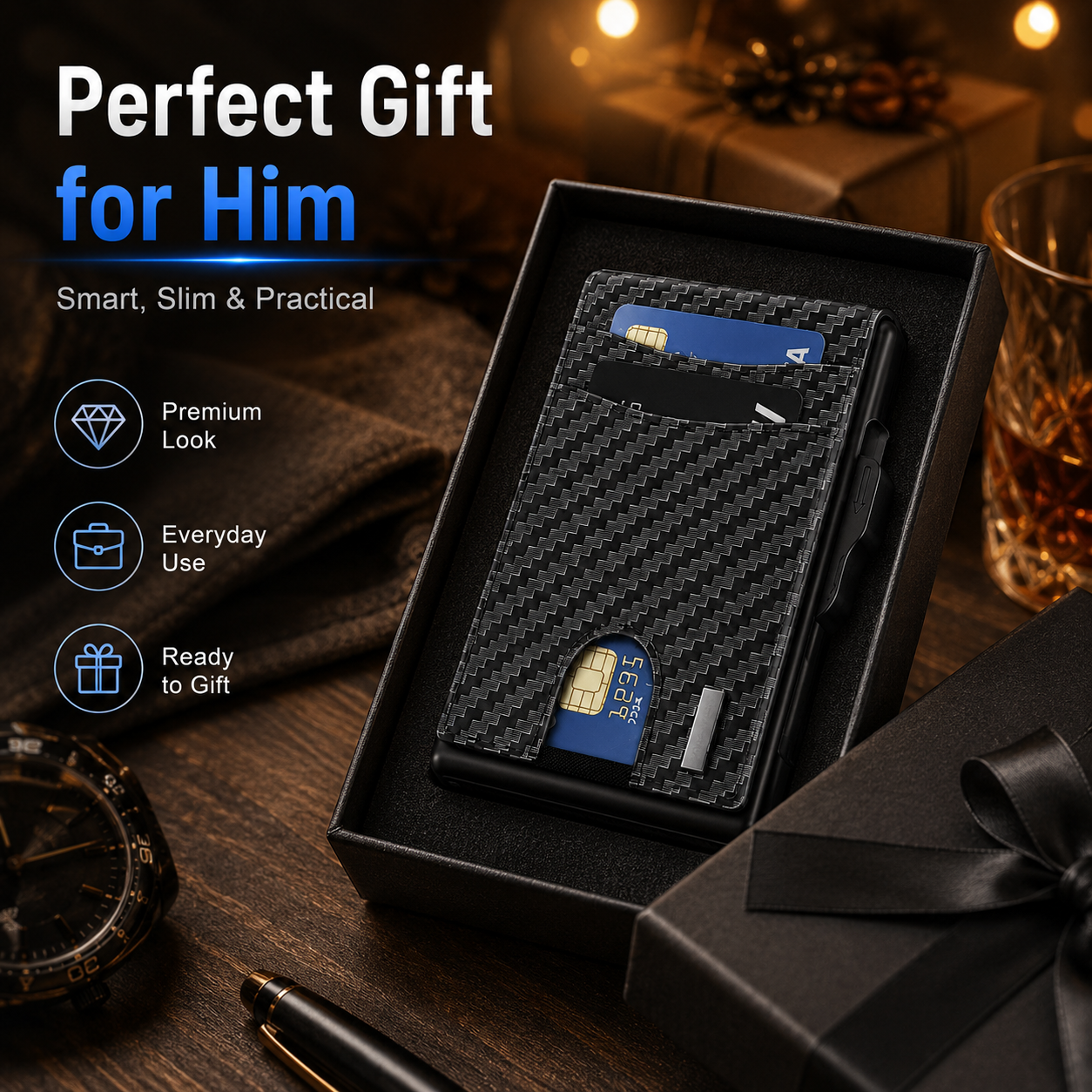 💼🔒Premium Aluminum RFID Blocking Minimalist Wallet for Men - Pop-Up Card Access, ID Window