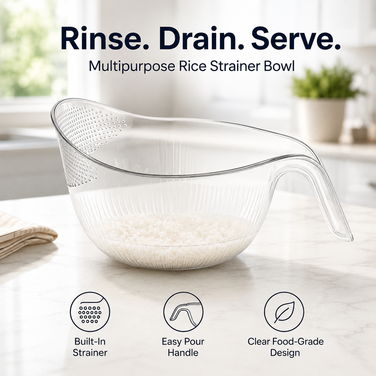 Multipurpose Rice Strainer Bowl – Easy Drain Kitchen Washing Bowl for Rice, Fruits & Vegetables