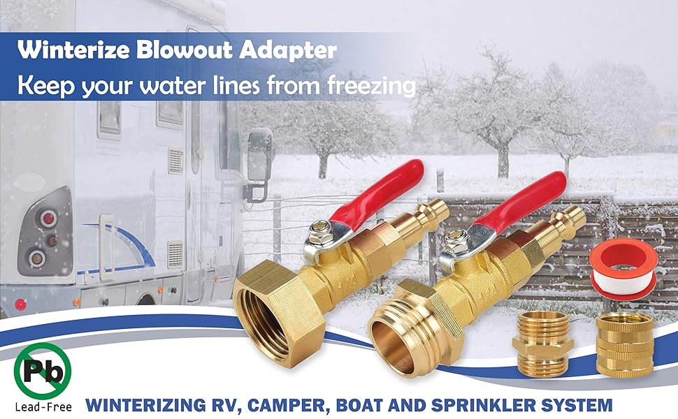 ❄️ Lead-Free Brass RV Winterizing Blowout Adapter Kit with Shut Off Ball Valve