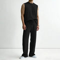 Mens 2 Piece Rib Knit Sweatsuit Summer Sleeveless Tank Top Baggy Wide Leg Pants Set Vacation Beach Outfit for Men