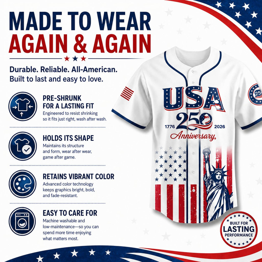 🗽 USA 250th Anniversary Baseball Jersey – Patriotic Statue of Liberty Print, 4th of July Outfit