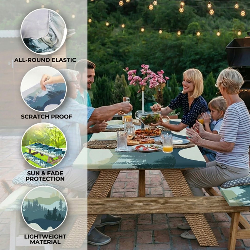 Stretch Tablecloth with Bench Covers & Carrying Bag - Waterproof Polyester Picnic Table Cover Set for Outdoor Patio Furniture