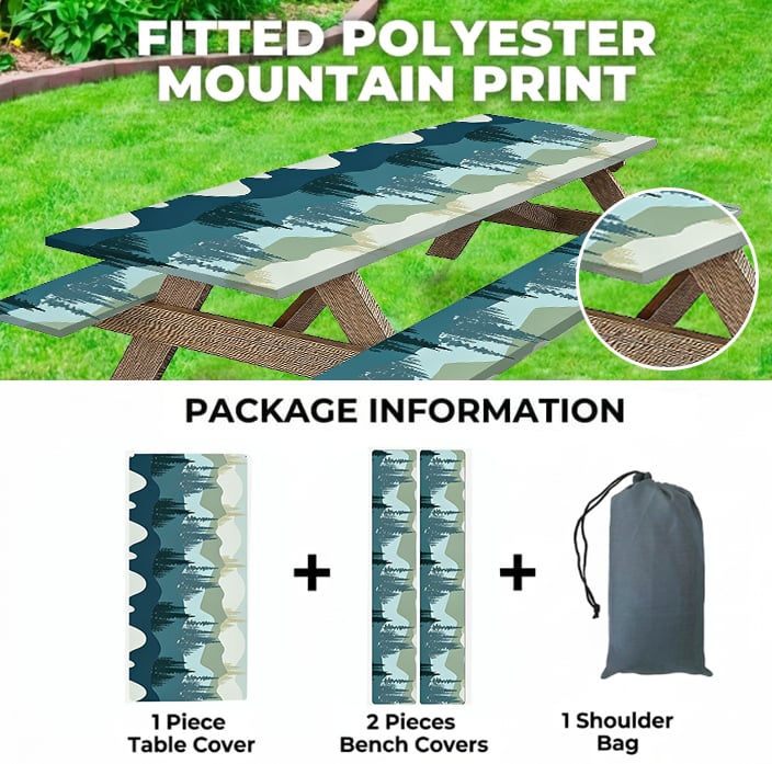 Stretch Tablecloth with Bench Covers & Carrying Bag - Waterproof Polyester Picnic Table Cover Set for Outdoor Patio Furniture