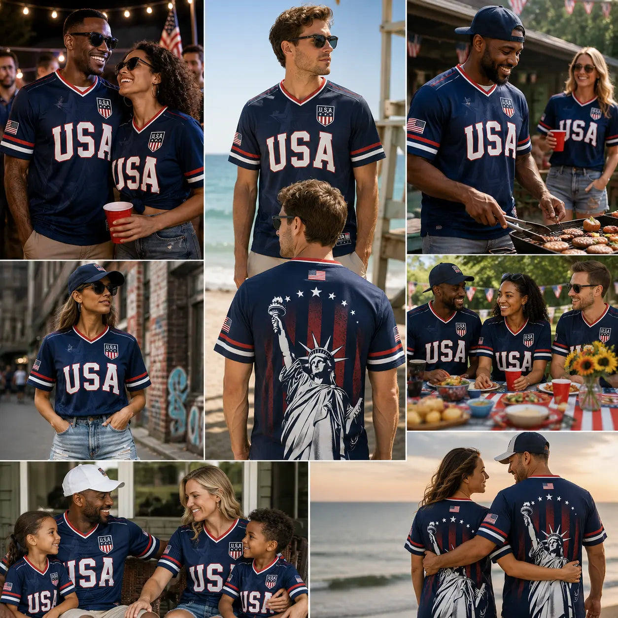 🇺🇸 USA Liberty Soccer Jersey – Patriotic American Flag V-Neck Football Shirt | Red White Blue Statue of Liberty Fan Jersey for Men & Women