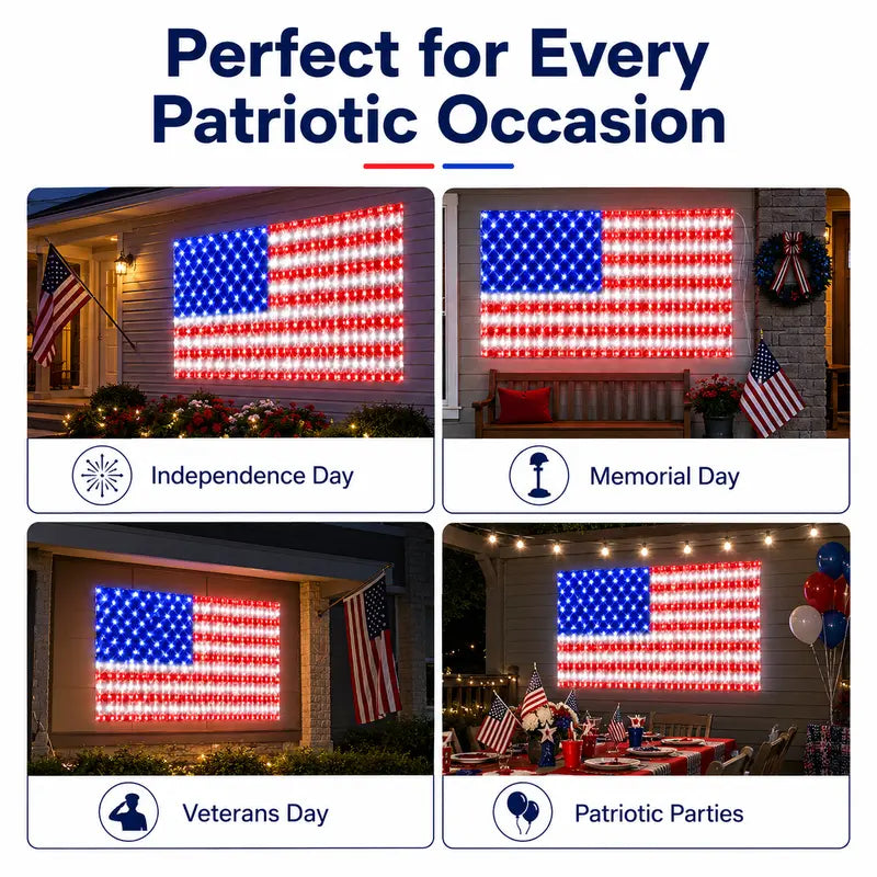 🇺🇸🎆Solar American Flag Lights Outdoor American Flag Net Lights 6.5ft x 3.28ft Super Bright