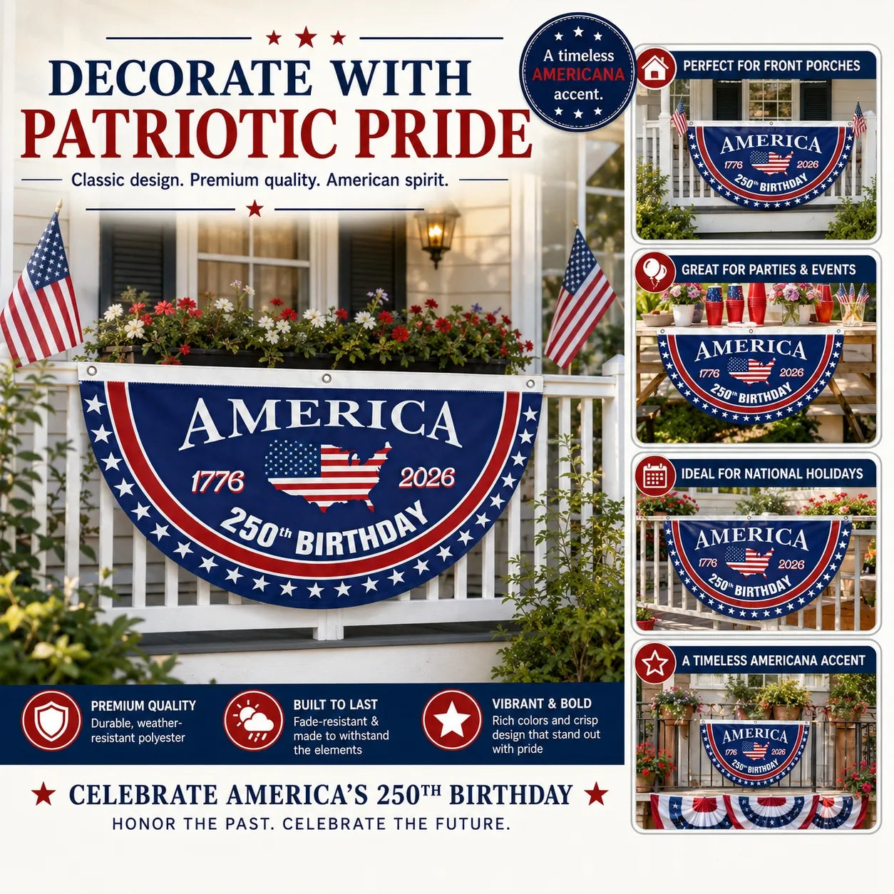 🗽USA 250th Anniversary Patriotic Fan Flag – Half-Round Porch Banner for 2026 Celebration🦅