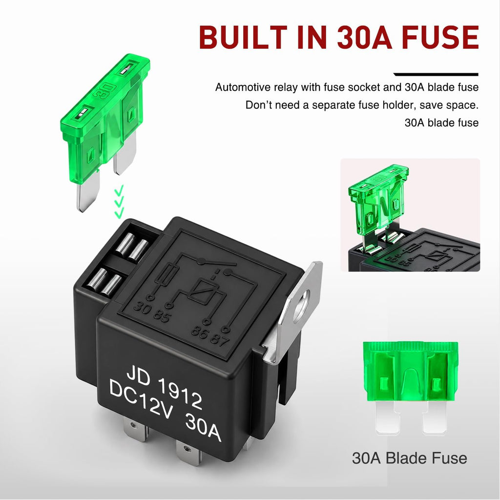 ⚡5 Pack 12V 30A 4 Pin Interlocking Automotive Fused Relay Switch Kit with Pre-Wired Harness