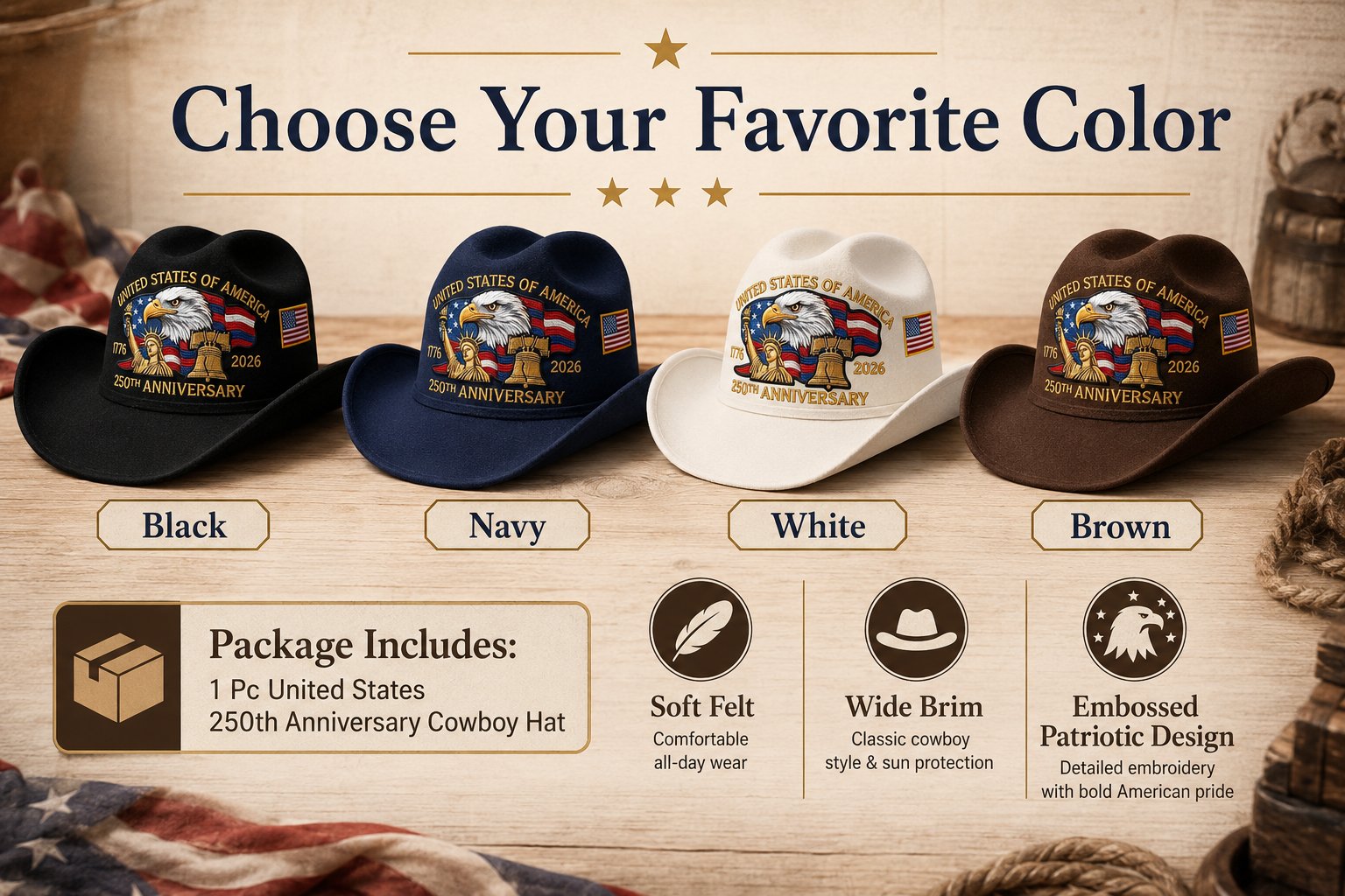 🔥LAST DAY 49% OFF - 🤠Unisex Patriotic-Themed Felt Cowboy Hat🦅💙
