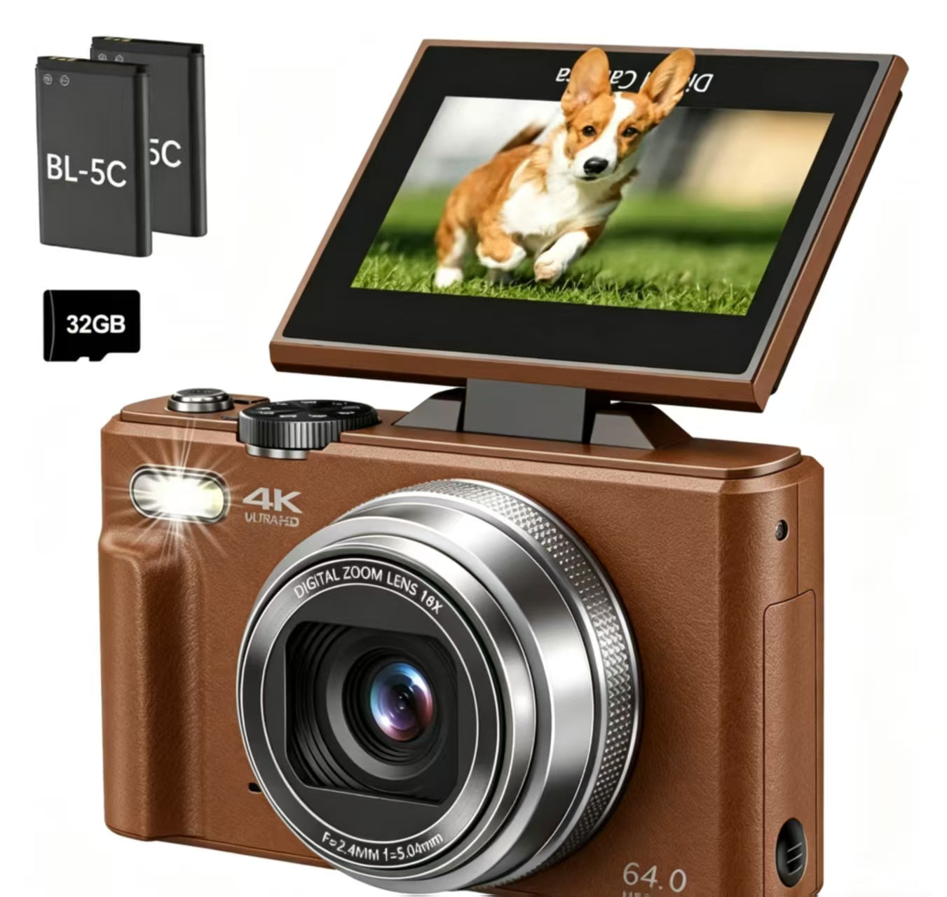 WIKICO WD08 4K Digital Camera, 64MP Vlogging Camera with 180° Flip Screen, 18X Digital Zoom, Compact Point and Shoot Camera, Portable Mini Camera for Teens, Beginners, Gift, 4 Colors Black/White/Green/Brown