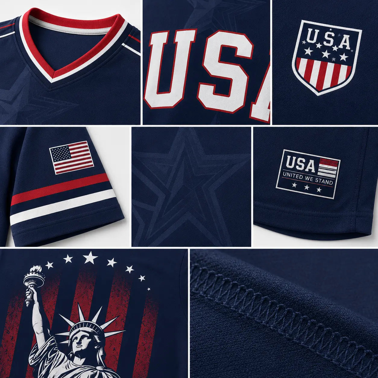 🇺🇸 USA Liberty Soccer Jersey – Patriotic American Flag V-Neck Football Shirt | Red White Blue Statue of Liberty Fan Jersey for Men & Women