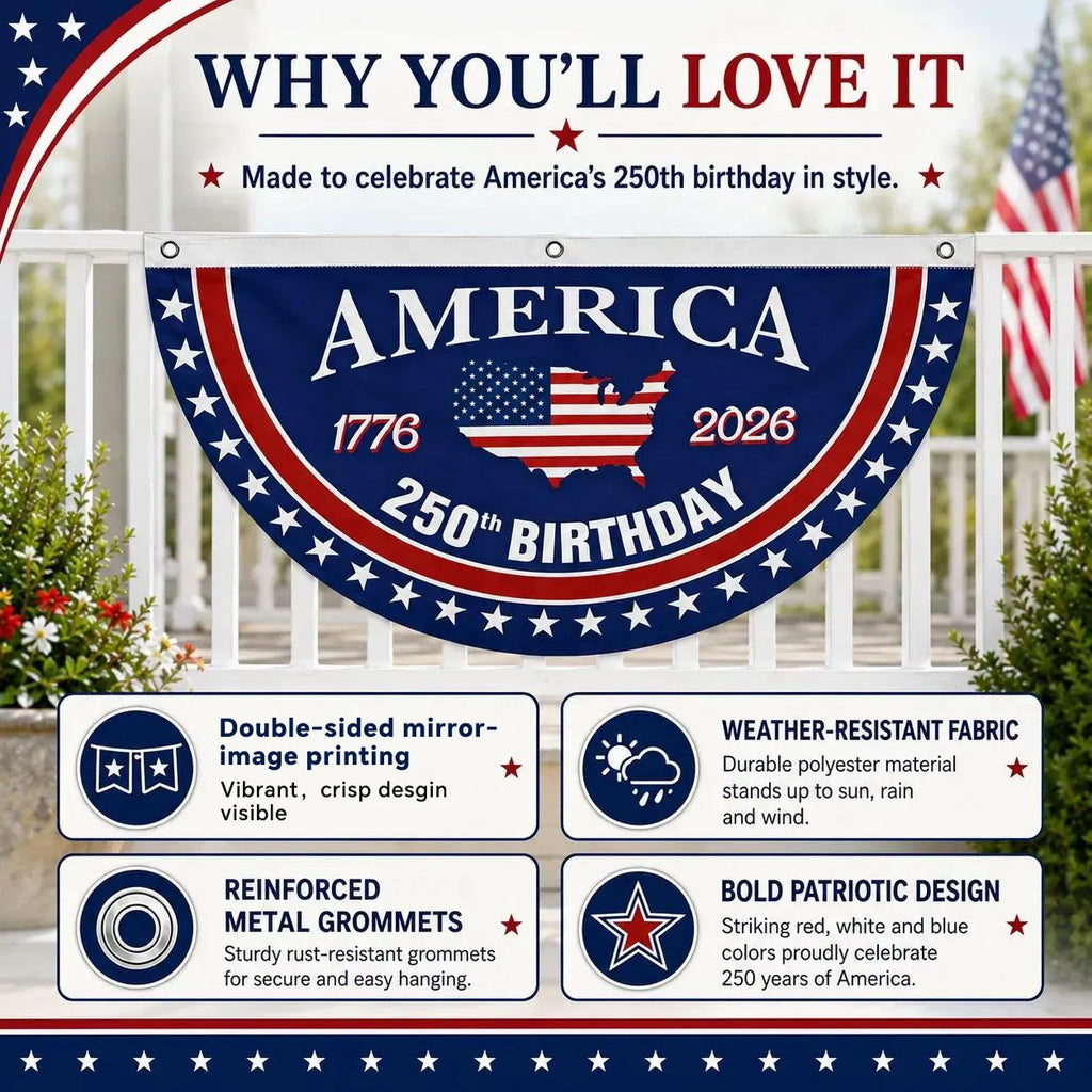 🗽USA 250th Anniversary Patriotic Fan Flag – Half-Round Porch Banner for 2026 Celebration🦅