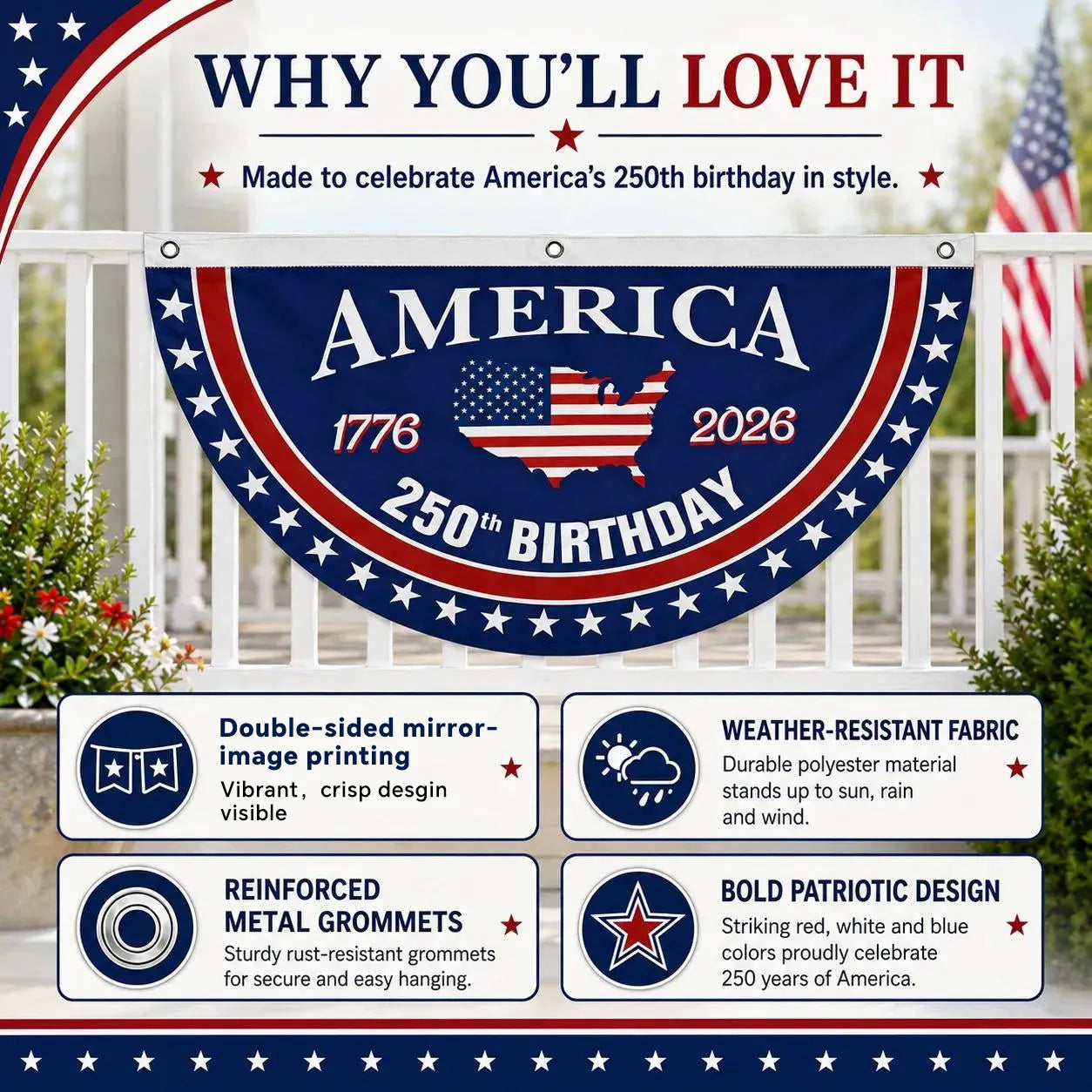 🗽USA 250th Anniversary Patriotic Fan Flag – Half-Round Porch Banner for 2026 Celebration🦅
