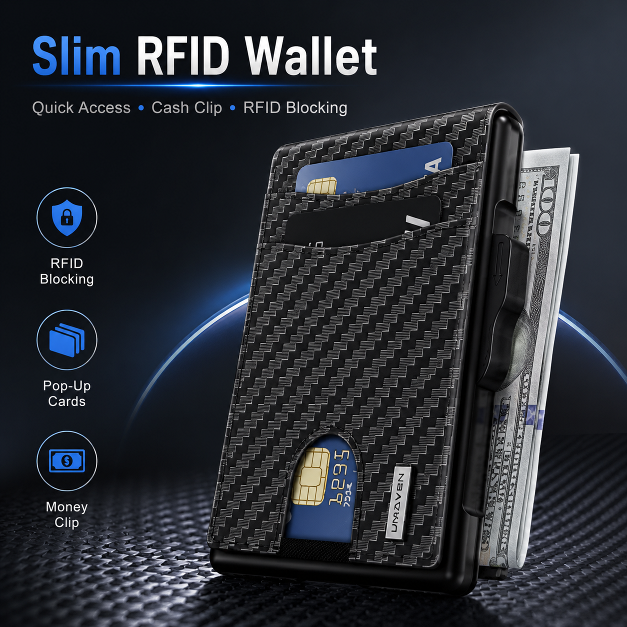 💼🔒Premium Aluminum RFID Blocking Minimalist Wallet for Men - Pop-Up Card Access, ID Window