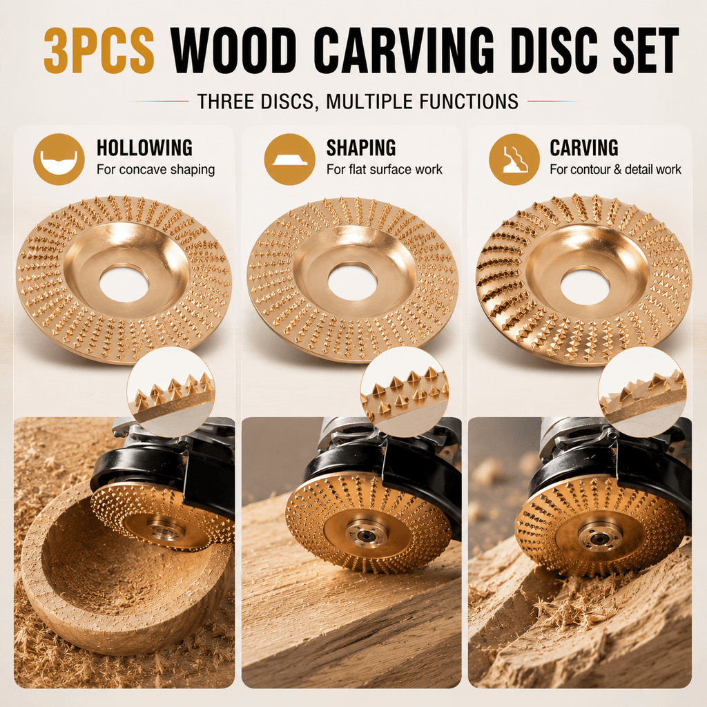 3PCS Tungsten Carbide Wood Carving & Shaping Discs for Angle Grinders