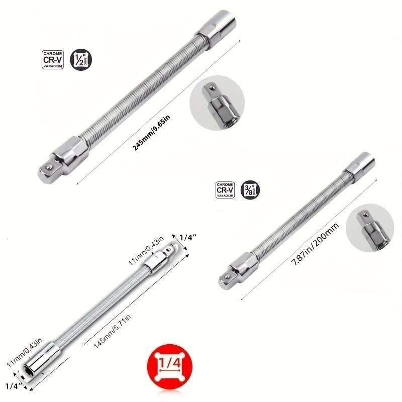 2026 Hot Sale💖1/2 Inch 35cm Socket Ratchet Wrench Set - 3 Bendable Shafts, Wrench Extender Tool, Connecting Rod