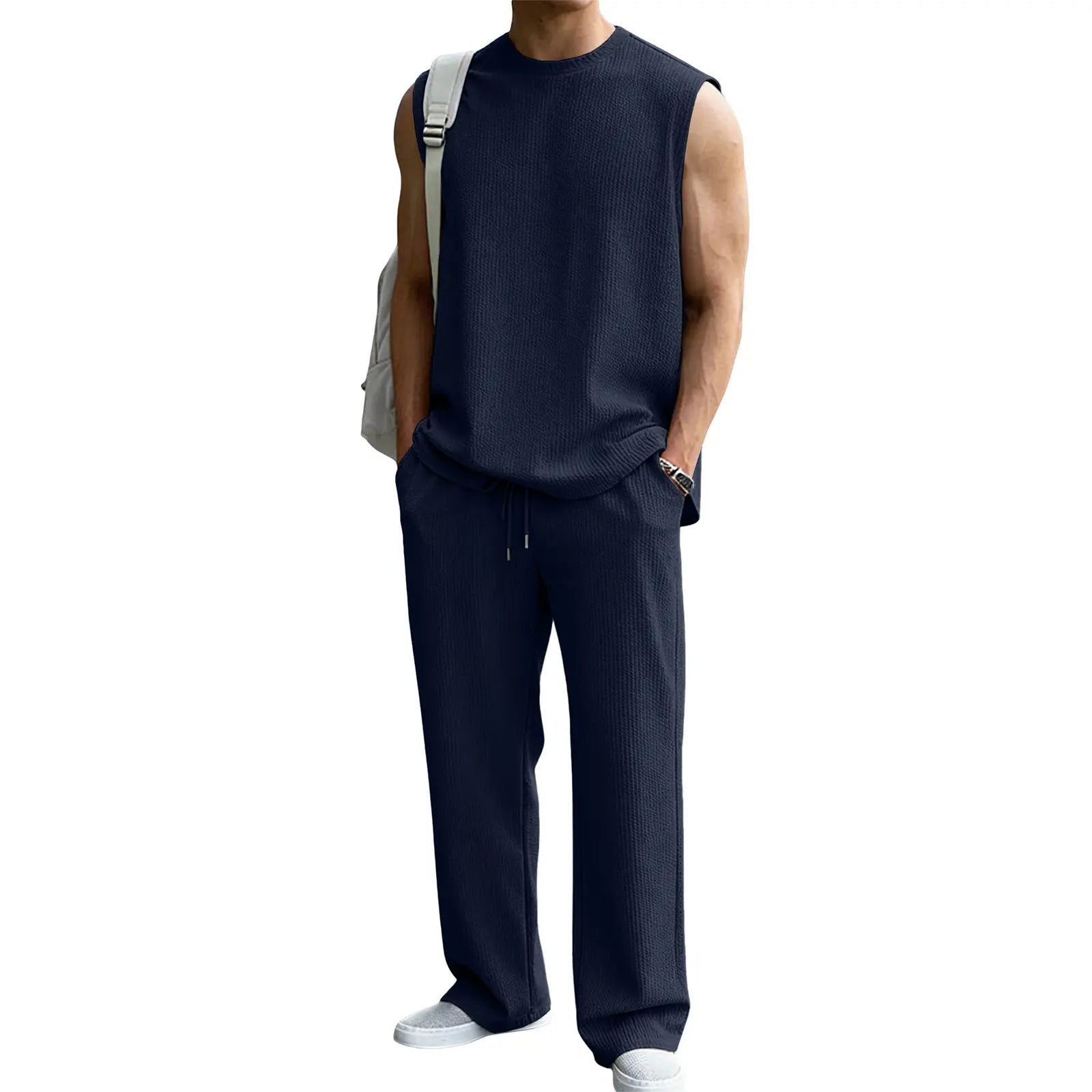 Mens 2 Piece Rib Knit Sweatsuit Summer Sleeveless Tank Top Baggy Wide Leg Pants Set Vacation Beach Outfit for Men