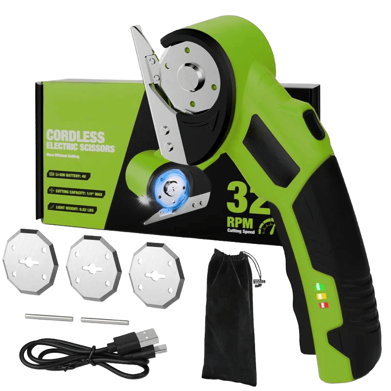 【MothersDayGift】Cordless Electric Scissors 4V – Rechargeable Heavy Duty Cutter with Safety Lock, LED Light, Long Battery Life & 2 Extra Blades | Easy-to-Use Wireless Shears for Cardboard, Packaging Yellow with Storage Bag