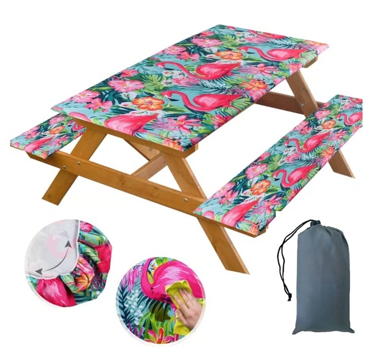 Stretch Tablecloth with Bench Covers & Carrying Bag - Waterproof Polyester Picnic Table Cover Set for Outdoor Patio Furniture
