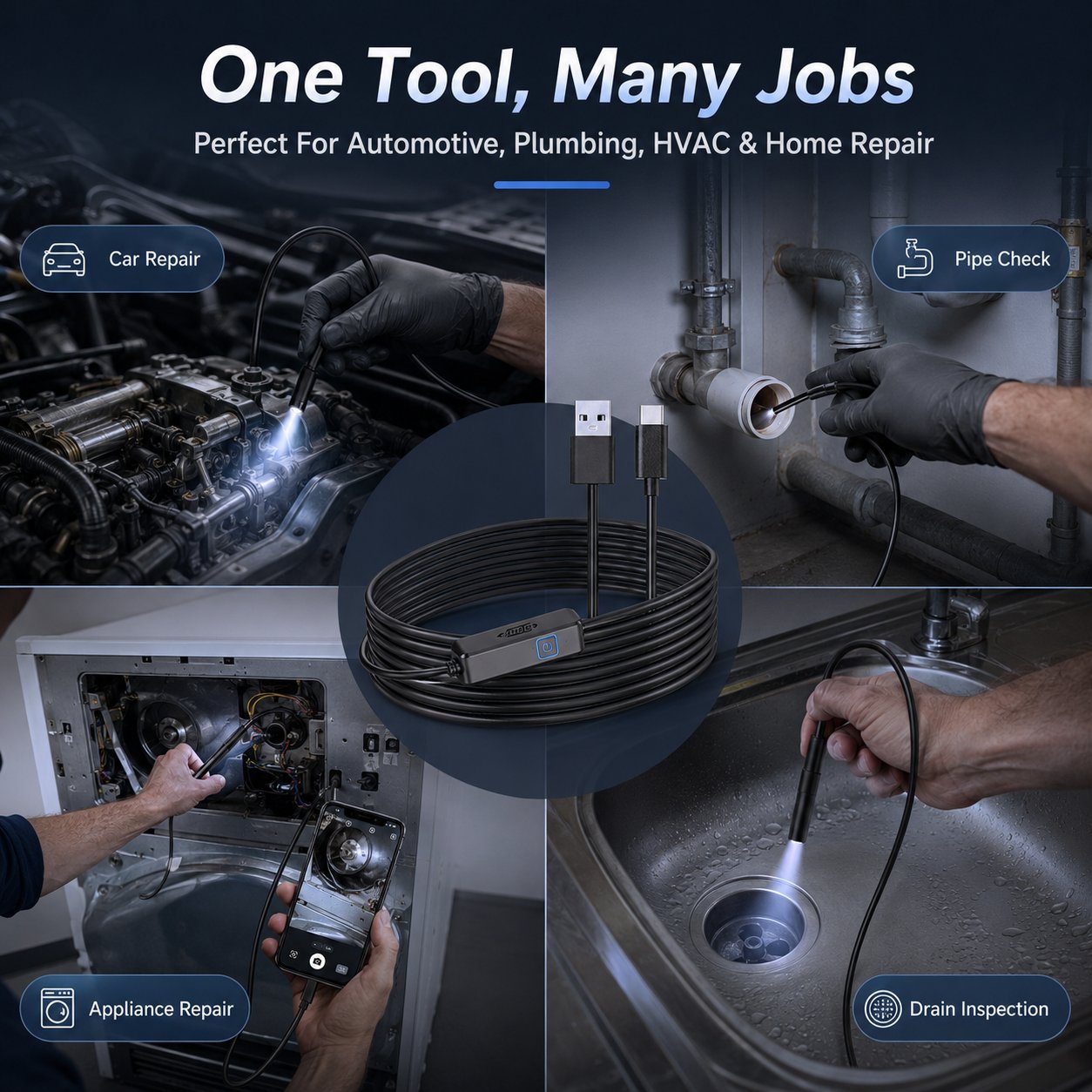 Flexible Type-C Inspection Camera With LED Light