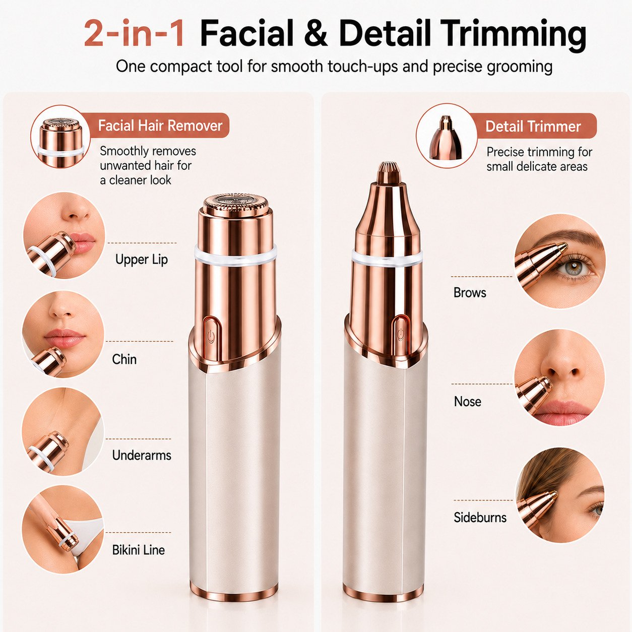 2-in-1 Rechargeable Facial Hair Remover & Eyebrow Trimmer with LED Light