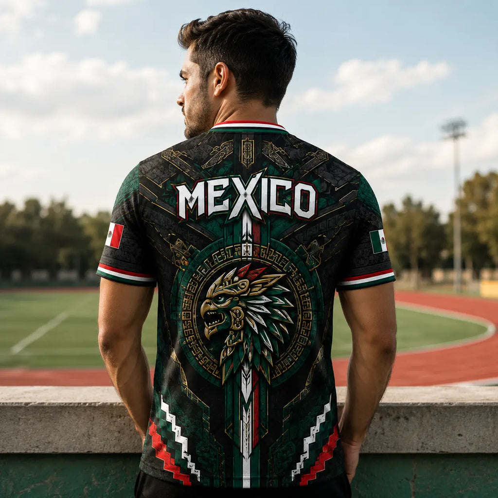 2026 New Mexico Eagle Warrior V-Neck Sports Jersey, Aztec Calendar Graphic Short Sleeve Shirt for Men, Green Black Soccer Fan Tee,summerwins