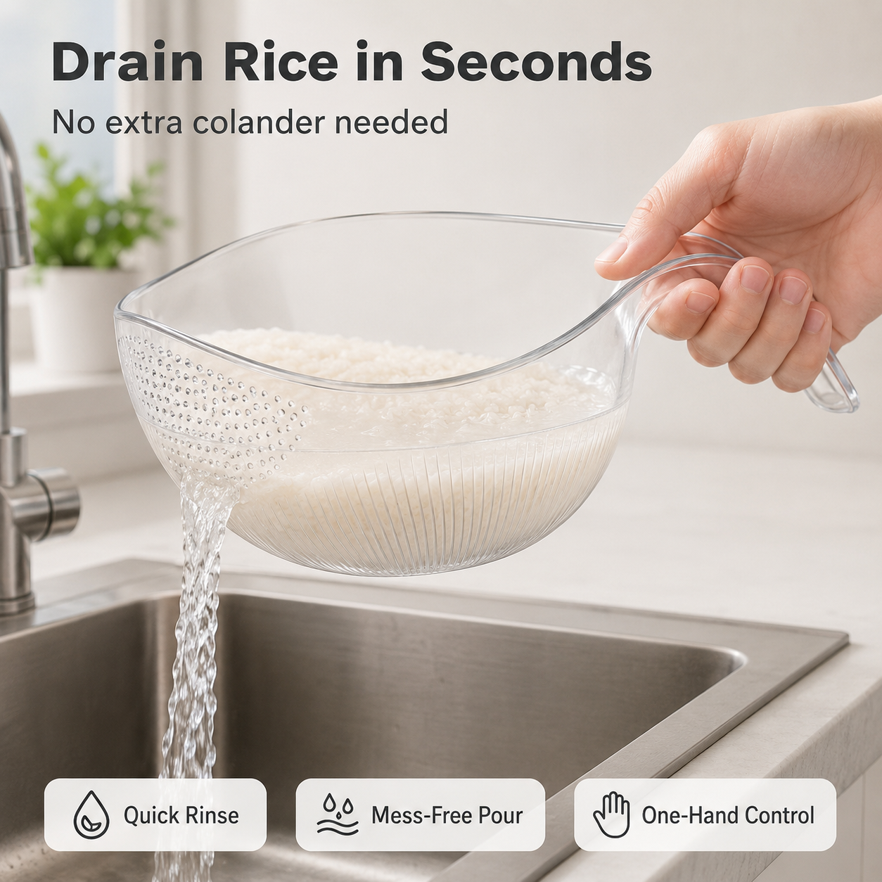 Multipurpose Rice Strainer Bowl – Easy Drain Kitchen Washing Bowl for Rice, Fruits & Vegetables